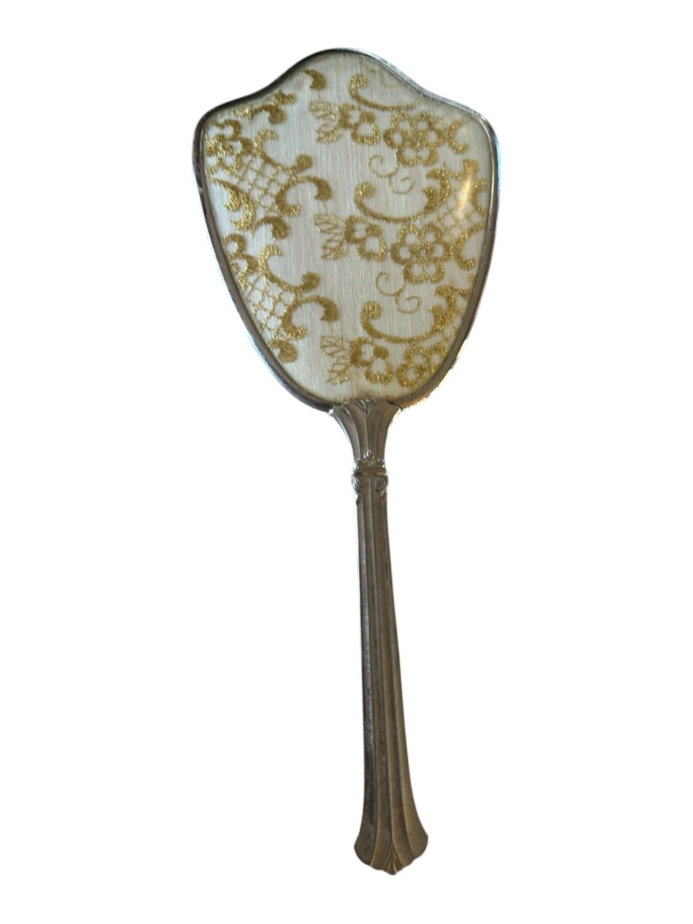 Vintage Gold Tone Hand Mirror Floral Embroidered Vanity Mirror 14”